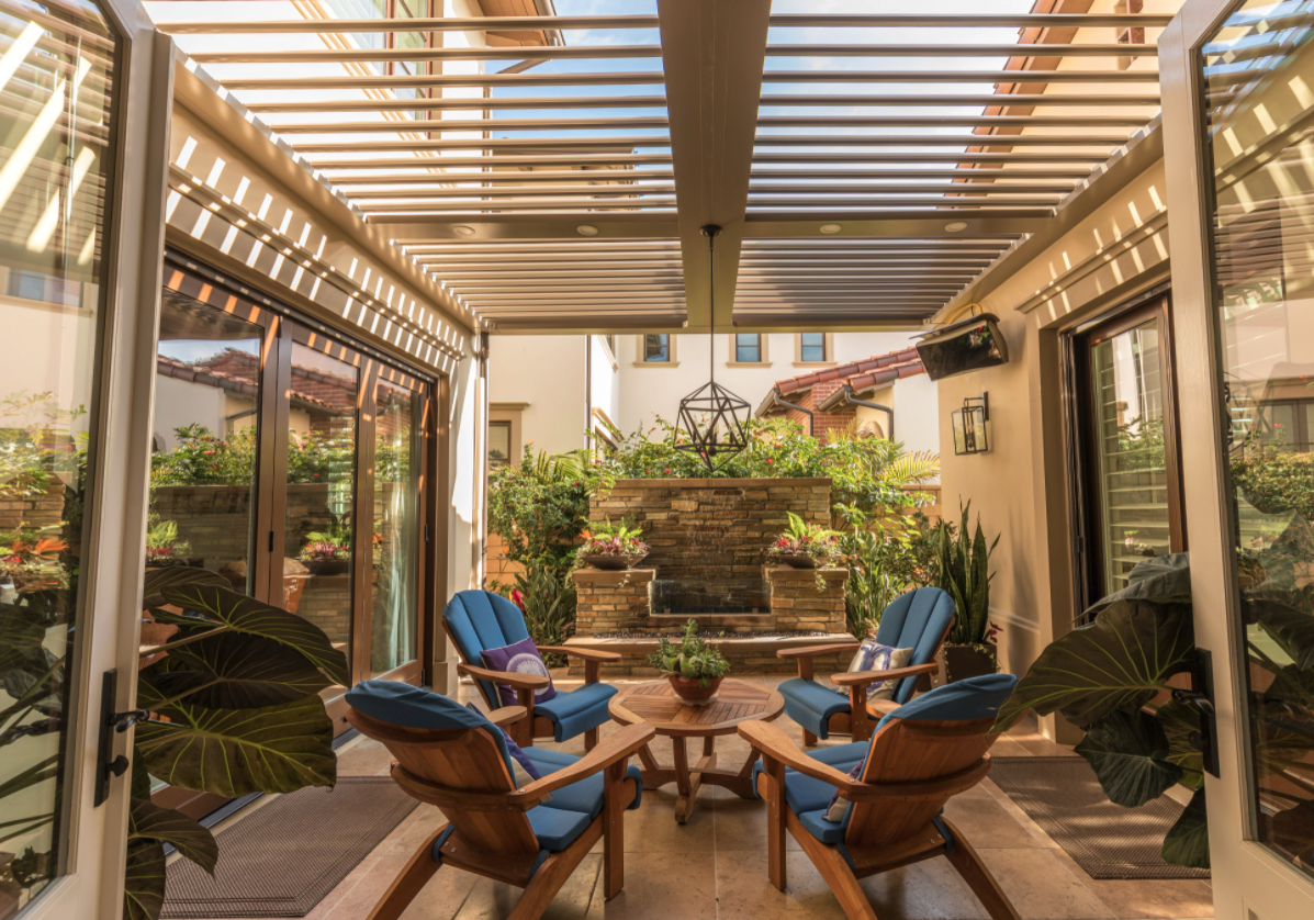 pergola covered patio with furniture