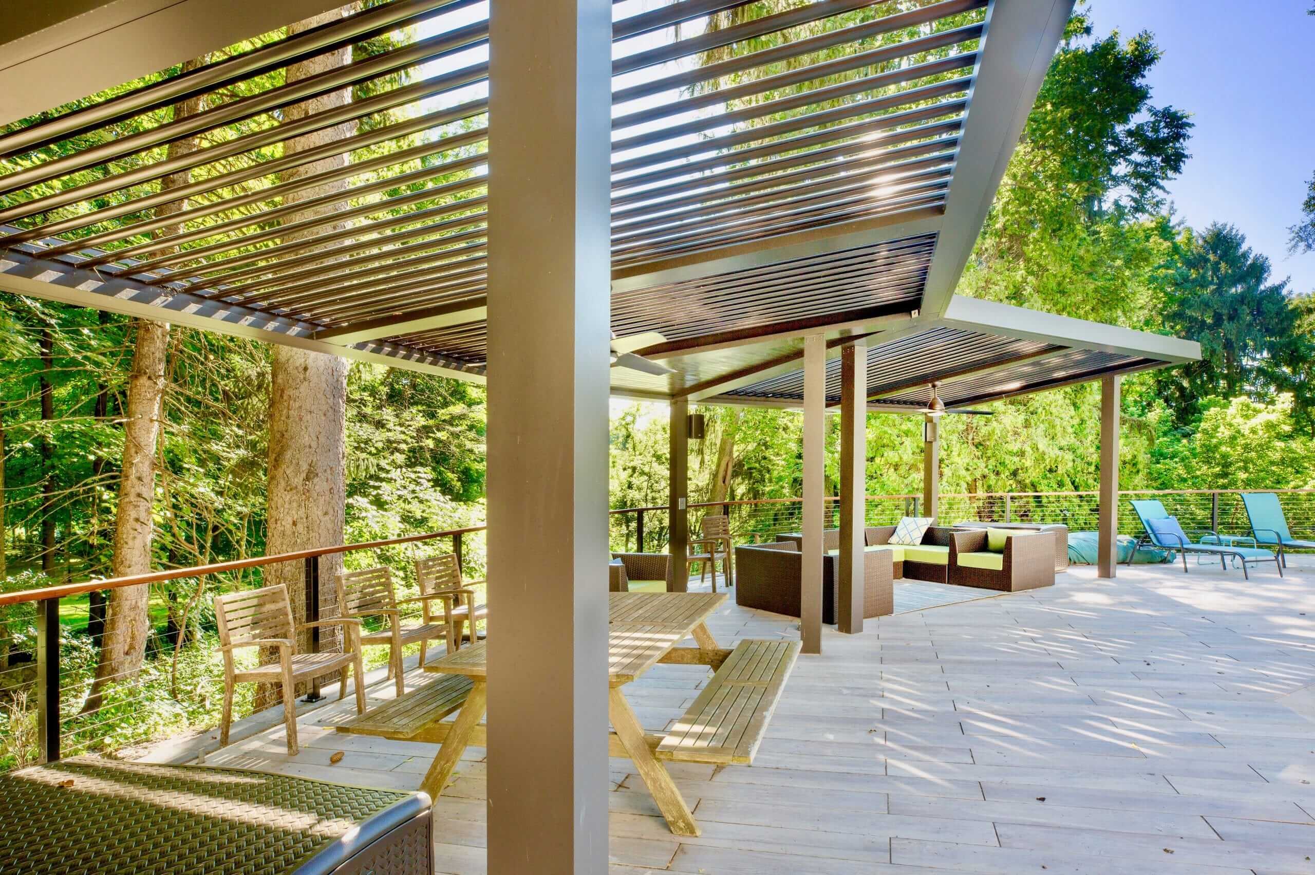 stylish pergola covering patio area near pool