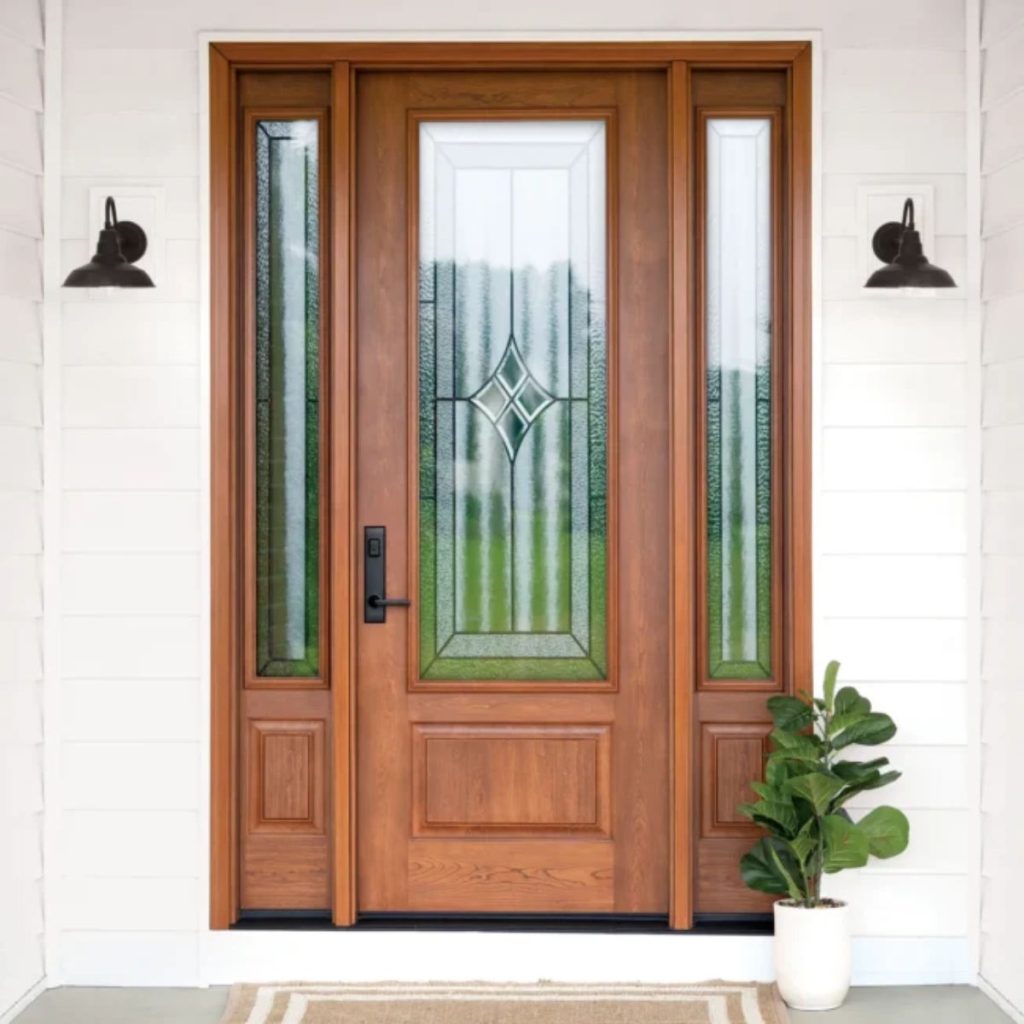Beautiful wooden front door with large patterned glass panel and two side panels with matching windows