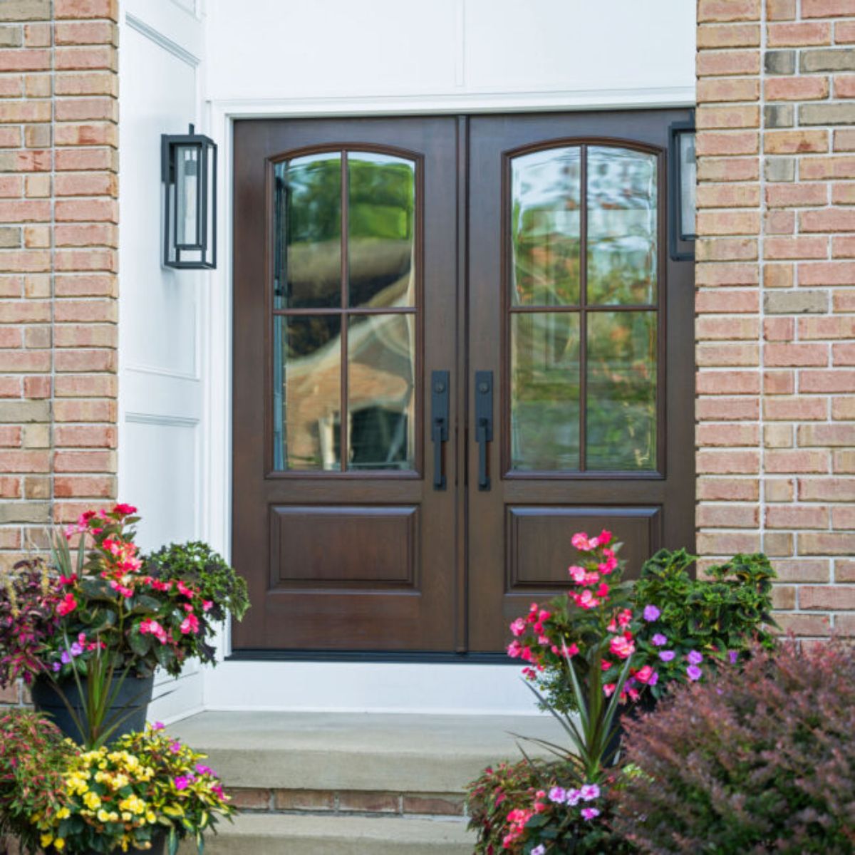Modern dark wood double front door with large windows