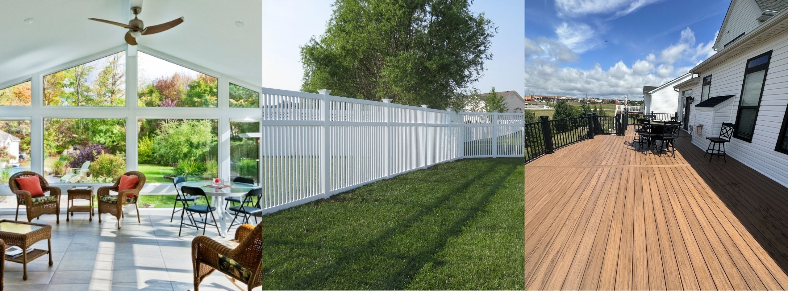 Collage of outdoor living spaces, beautiful sunroom, durable vinyl fence, high-quality deck