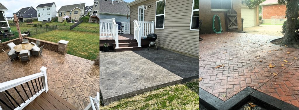 Patio collage showing paved patios and stamped patios in St. Louis