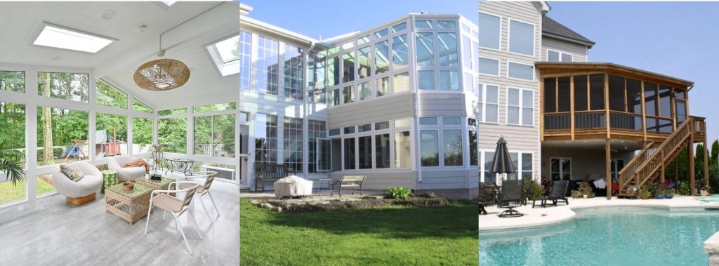 Large open sunroom, Large conservatory, and large screen room on a deck collage image