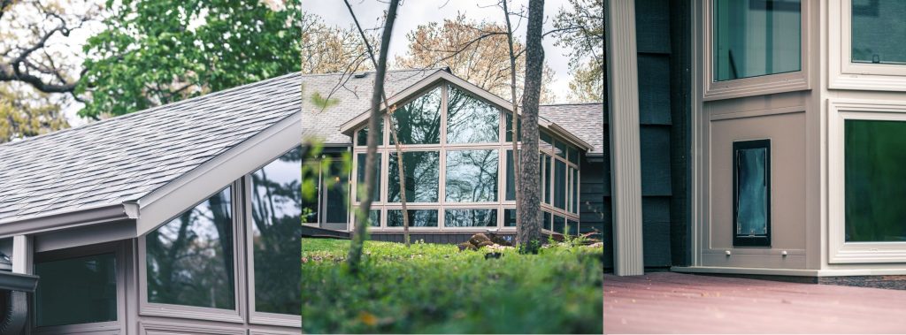 Three images showing specific customizations for a sunroom with a roof and doggie door