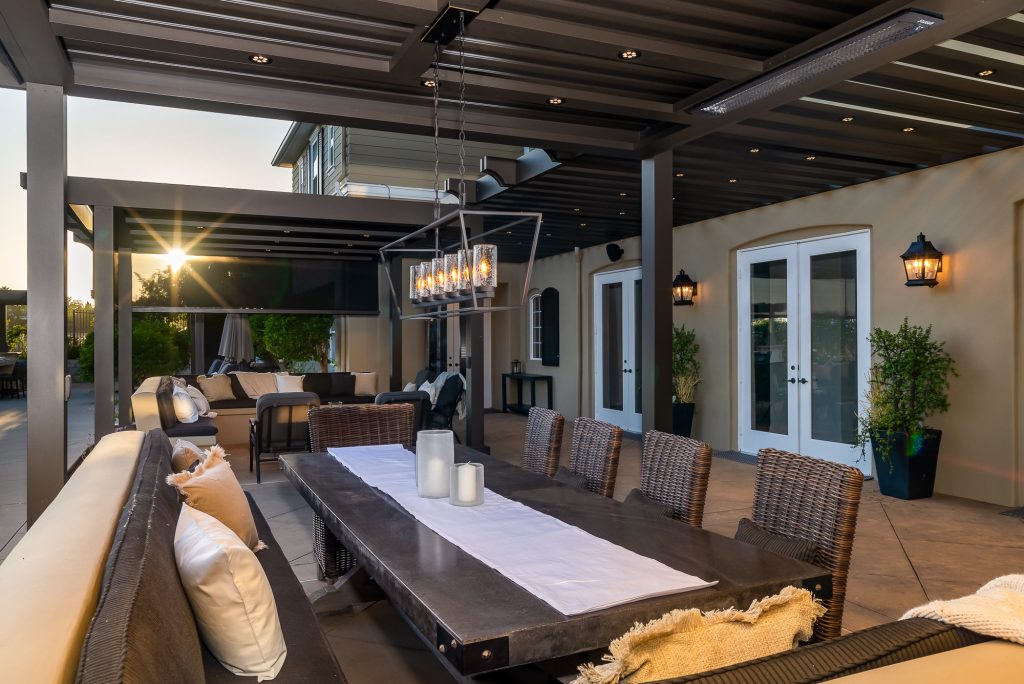 louvered roof above a dining dark area