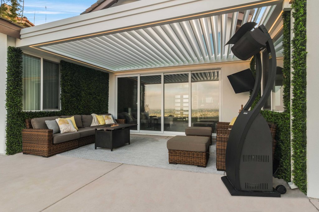 Louvered roof above outdoor living space