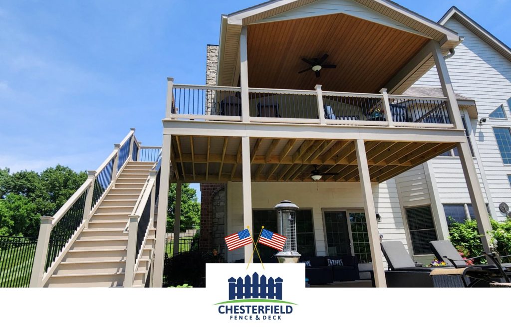 Large khaki deck with a roof sitting area and an under deck.