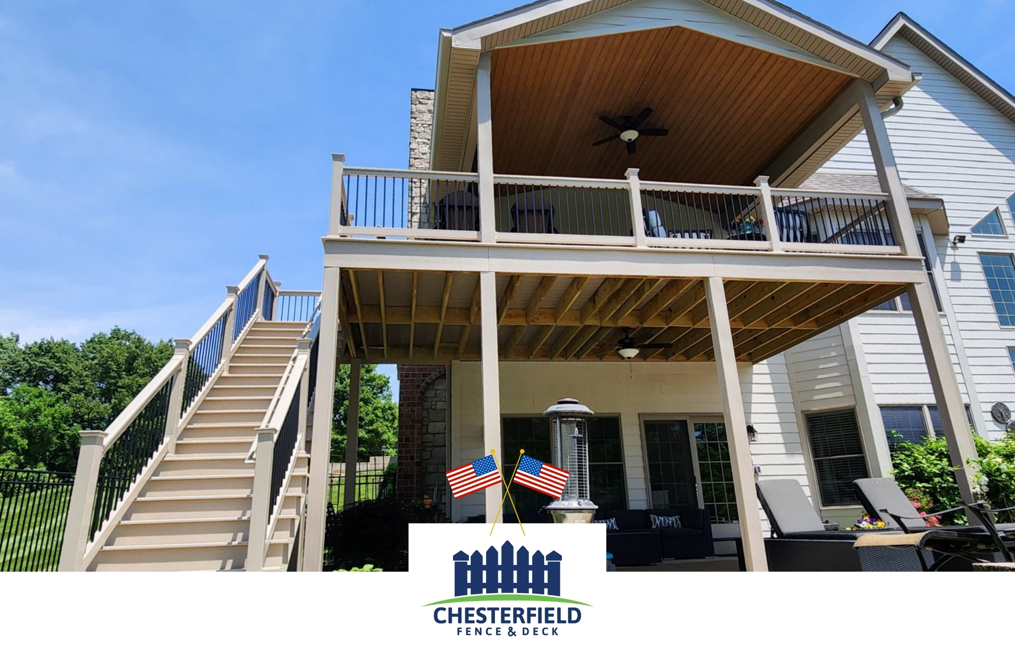Large khaki deck with a roof sitting area and an under deck.