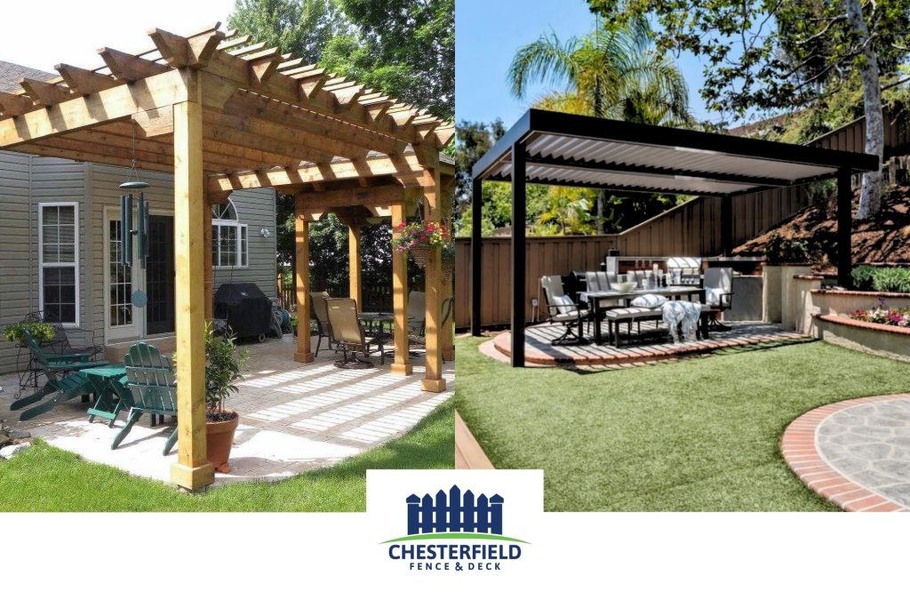 2 photo collage of a wood pergola and louvered pergola with the chesterfield fence and deck logo