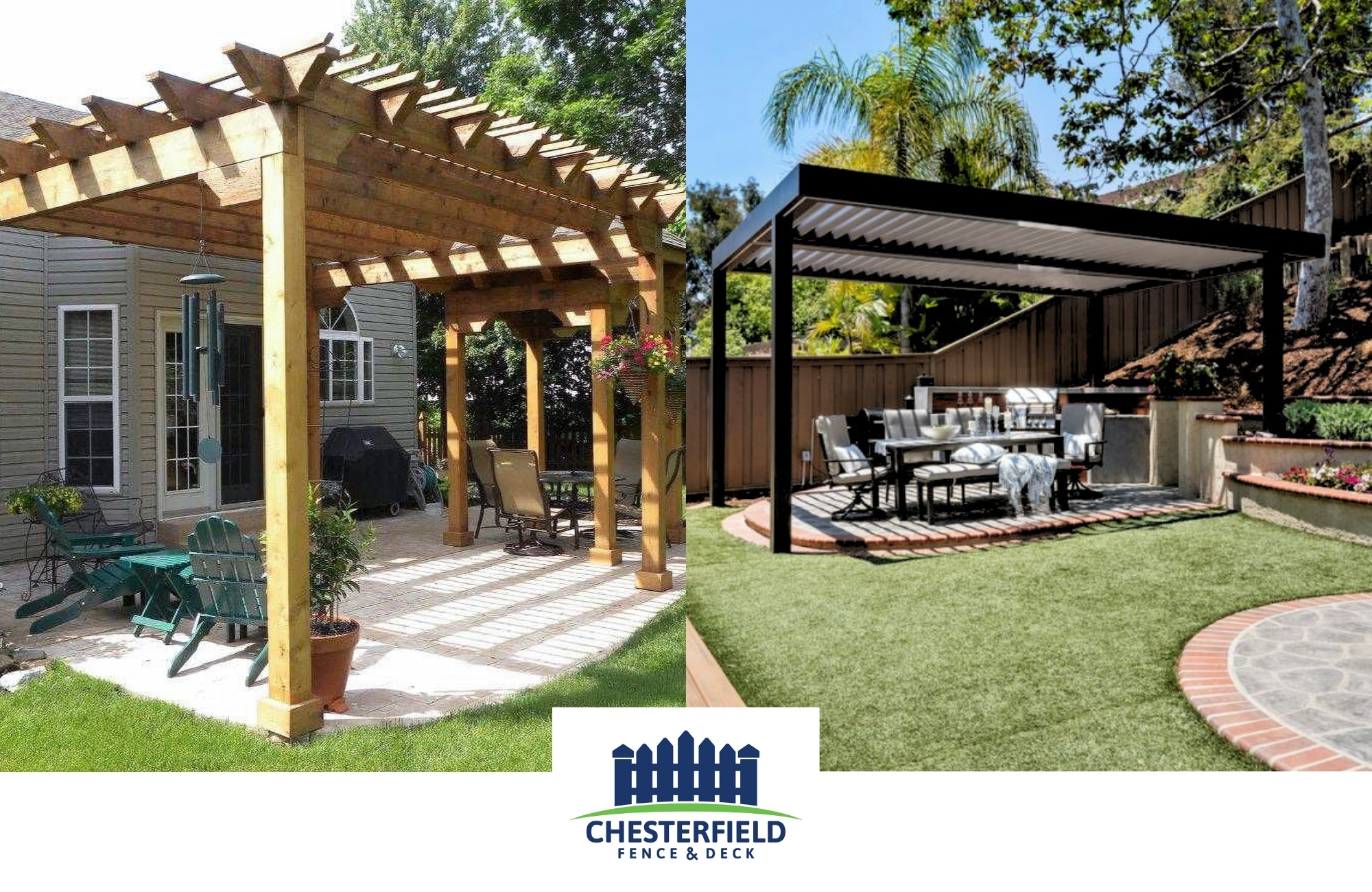 2 photo collage of a wood pergola and louvered pergola with the chesterfield fence and deck logo