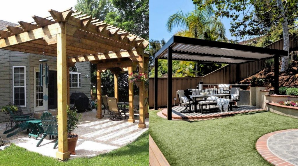 Two photo collage of wood and louvered pergola for comparison